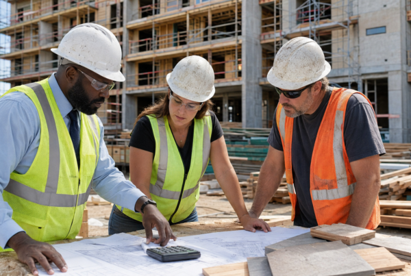 An affordable housing developer and construction team reviewing plans and costs at an active multifamily jobsite