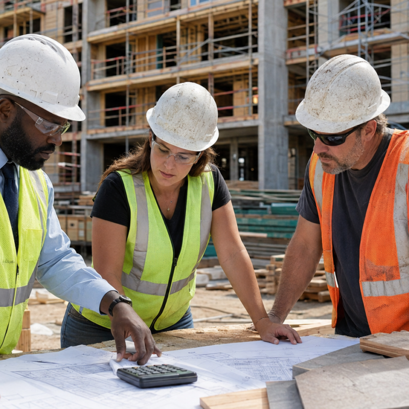 An affordable housing developer and construction team reviewing plans and costs at an active multifamily jobsite