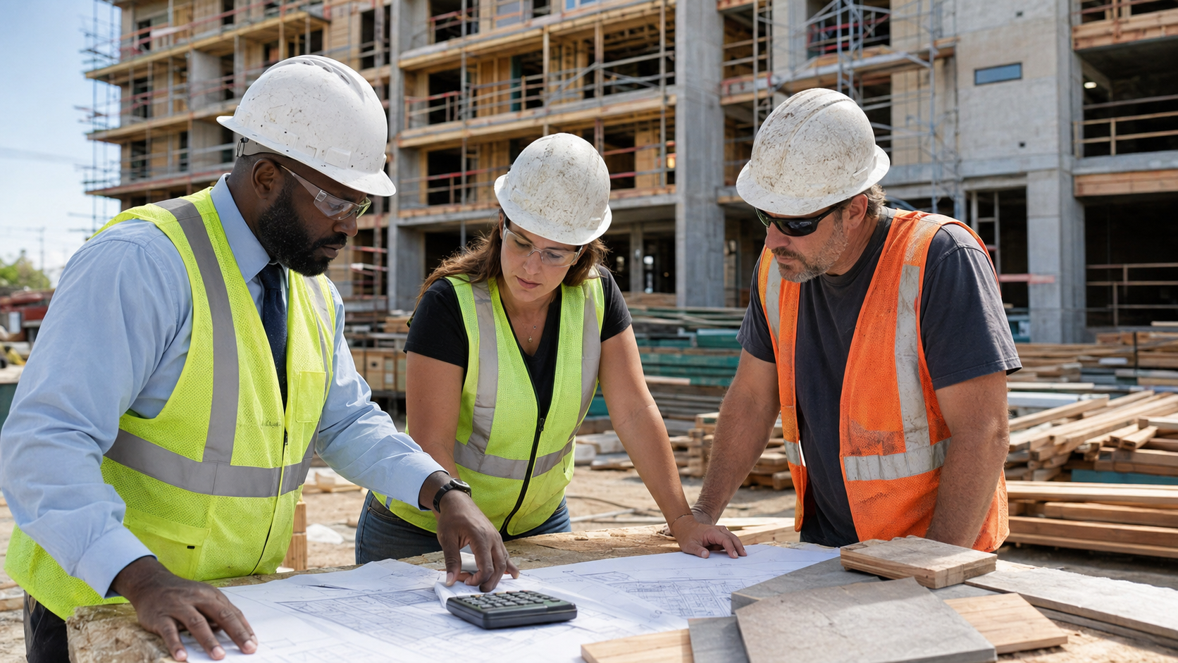 An affordable housing developer and construction team reviewing plans and costs at an active multifamily jobsite