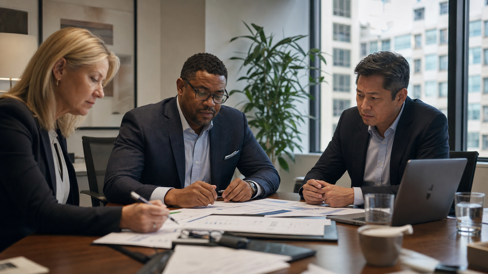 Three business leaders reviewing financial documents during a capital-planning meeting