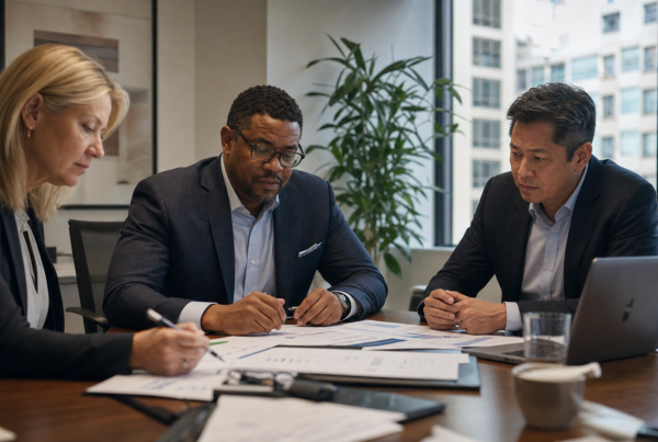 Three business leaders reviewing financial documents during a capital-planning meeting
