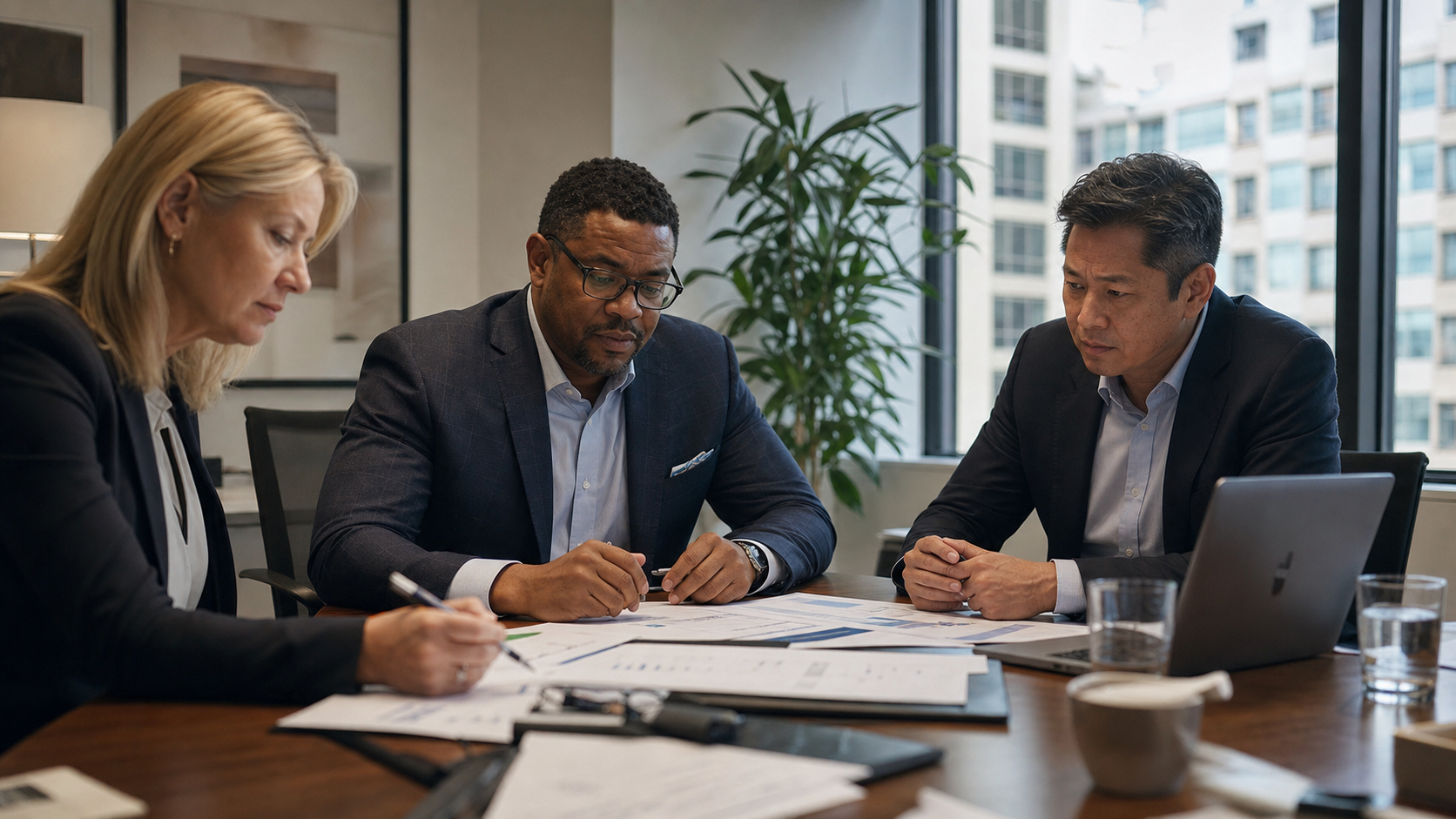Three business leaders reviewing financial documents during a capital-planning meeting